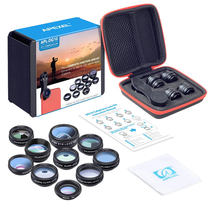 APEXEL 10-in-1 Phone Lens Kit – Wide, Macro & Fisheye