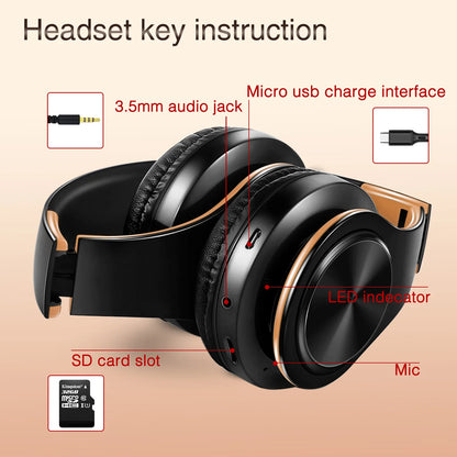 Gold Bluetooth Headphones – Stereo Gaming Earphones with Mic