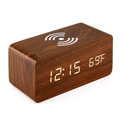 Wooden LED Clock – Alarm, Temp Display & Wireless Charging