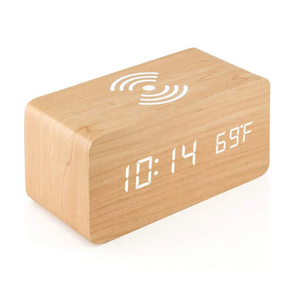 Wooden LED Clock – Alarm, Temp Display & Wireless Charging