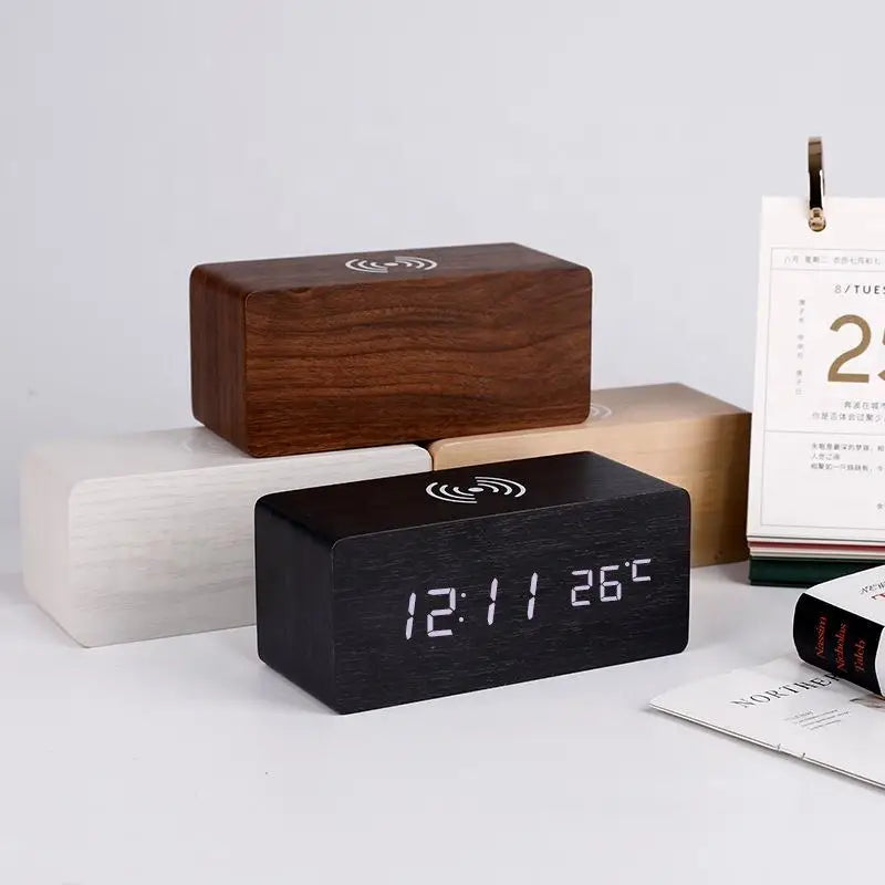 Wooden LED Clock – Alarm, Temp Display & Wireless Charging