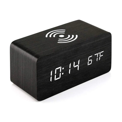 Wooden LED Clock – Alarm, Temp Display & Wireless Charging