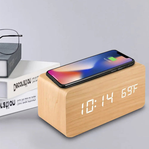 Wooden LED Clock – Alarm, Temp Display & Wireless Charging