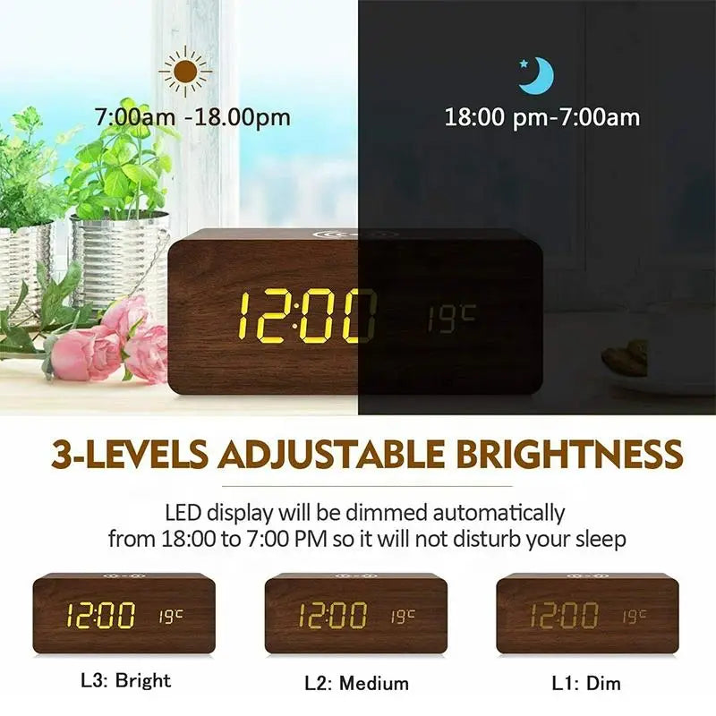 Wooden LED Clock – Alarm, Temp Display & Wireless Charging