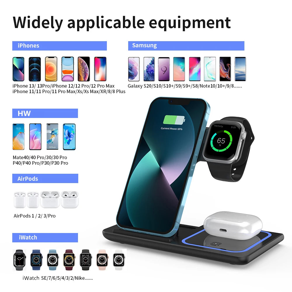 200W 3-in-1 Wireless Charger – Foldable Dock for iPhone & Watch