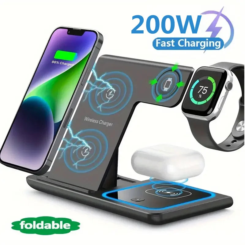 200W 3-in-1 Wireless Charger – Foldable Dock for iPhone & Watch