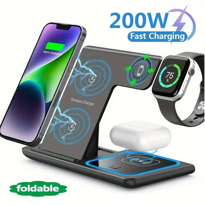 200W 3-in-1 Wireless Charger – Foldable Dock for iPhone & Watch
