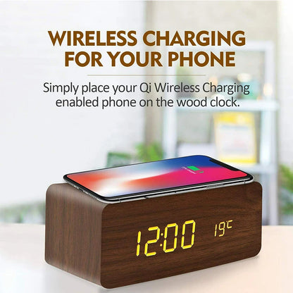 Wooden LED Clock – Alarm, Temp Display & Wireless Charging